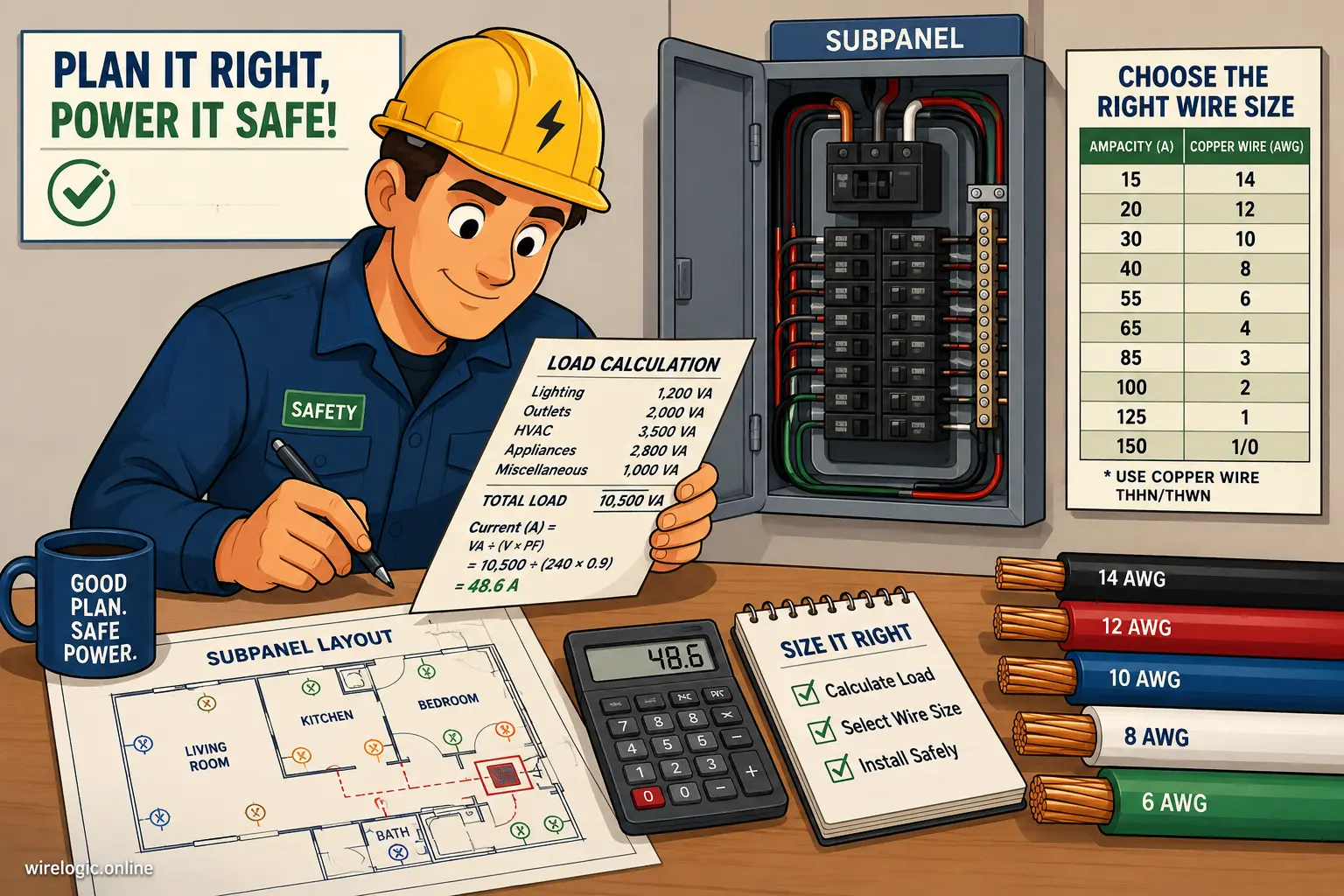 Cartoon electrician calculating electrical load for a subpanel