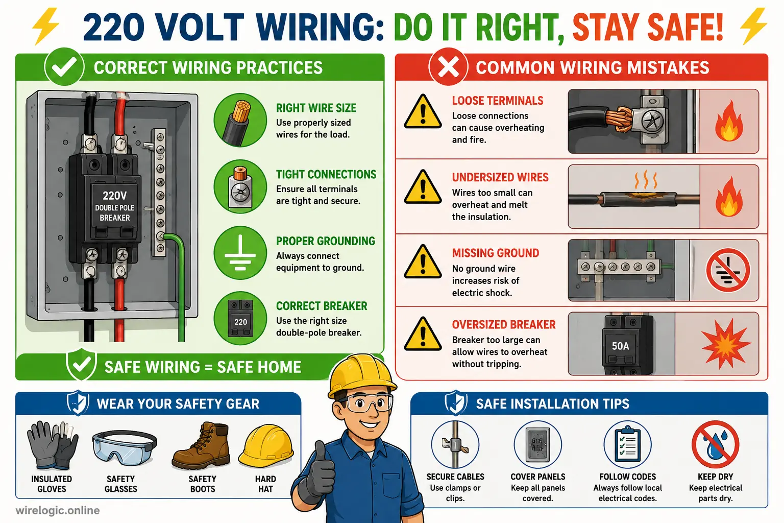 Electrical safety illustration highlighting common wiring mistakes and safe practices