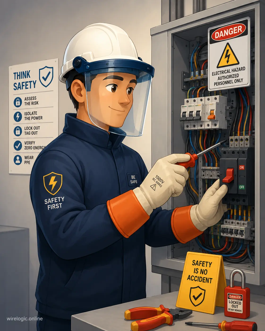 Illustration of an electrical technician wearing protective equipment before voltage testing