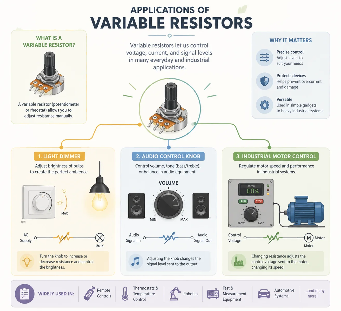 Stylized illustration showing everyday and industrial devices using variable resistors such as dimmers, audio controls, and motor systems