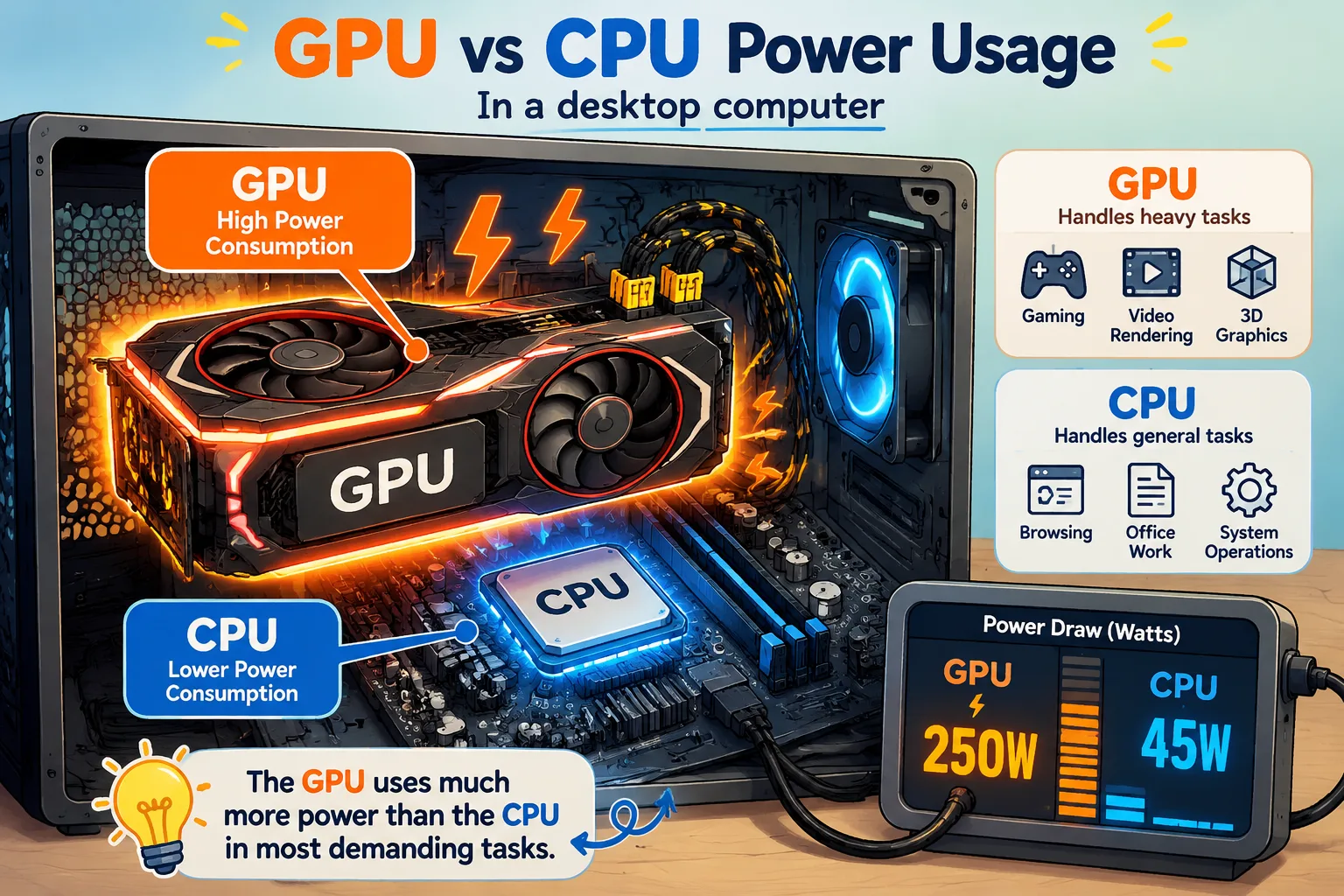 Illustration comparing GPU and CPU energy consumption in desktop computer