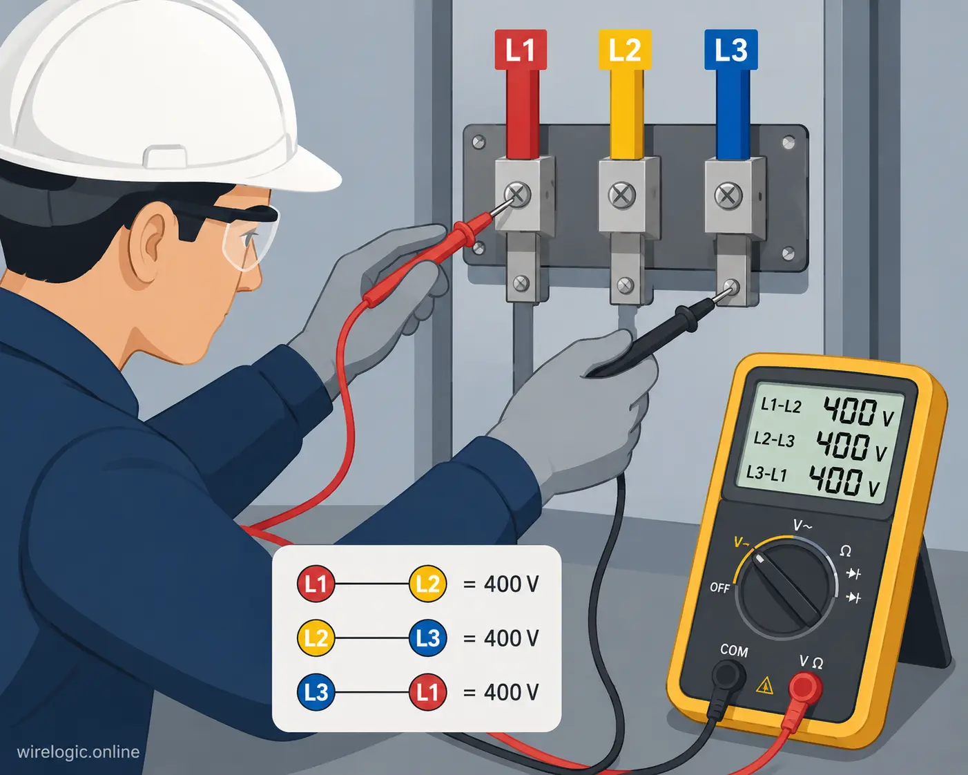 Illustration of a technician using a multimeter to measure three phase voltage