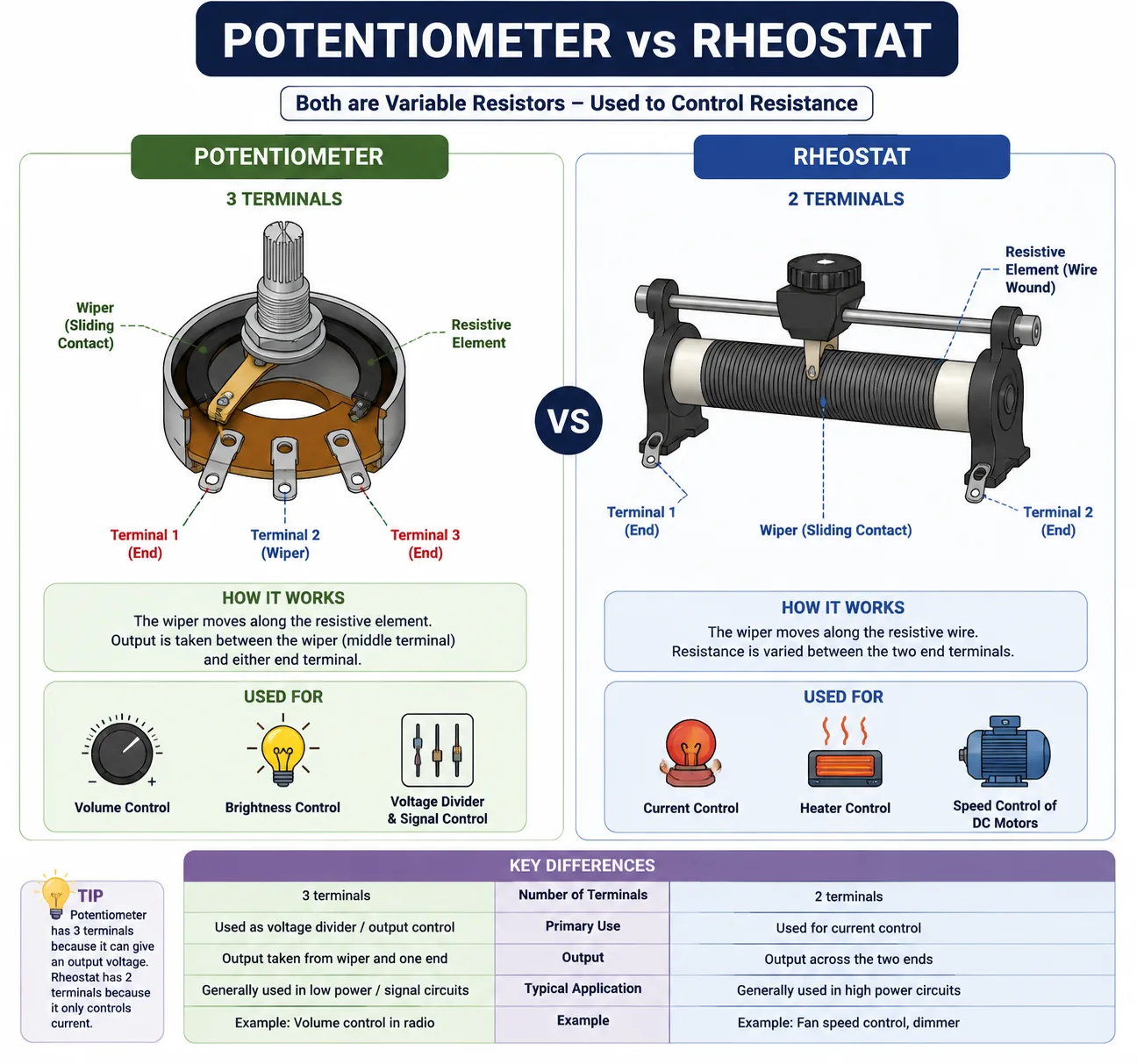 Educational illustration comparing potentiometer and rheostat showing differences in structure and usage in circuits