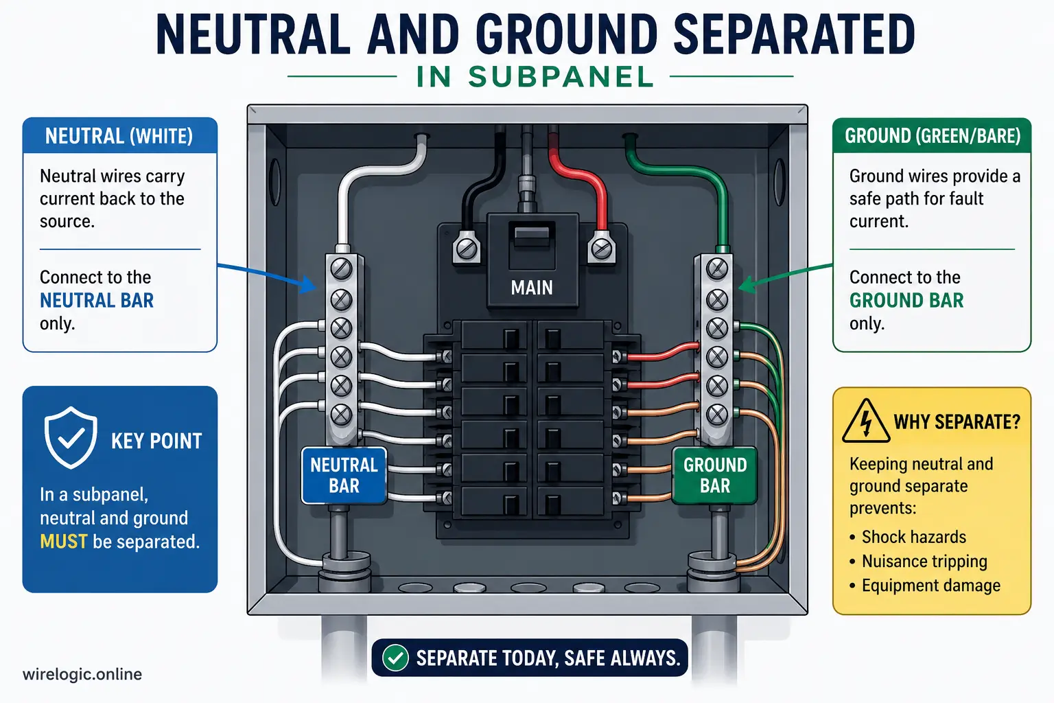 Diagram showing proper separation of ground and neutral bars in a subpanel