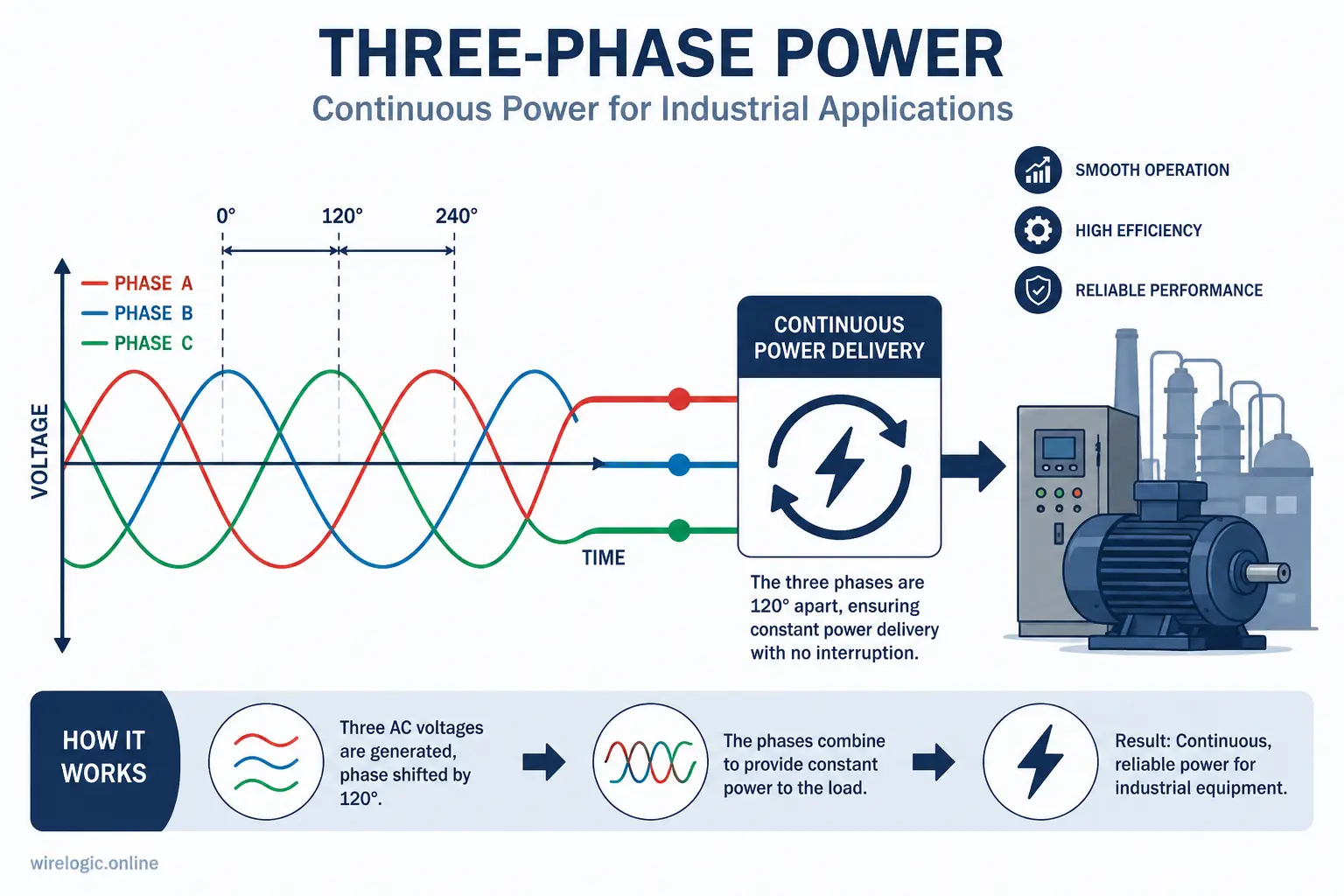 Stylized illustration of three phase electricity waveforms and continuous power flow