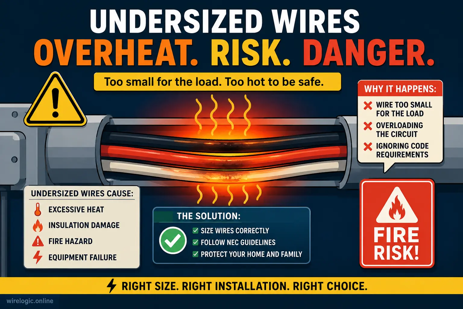 Illustration of undersized feeder wires causing dangerous overheating