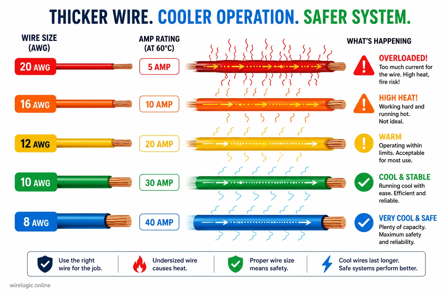 Illustration comparing wire thickness and electrical ampacity
