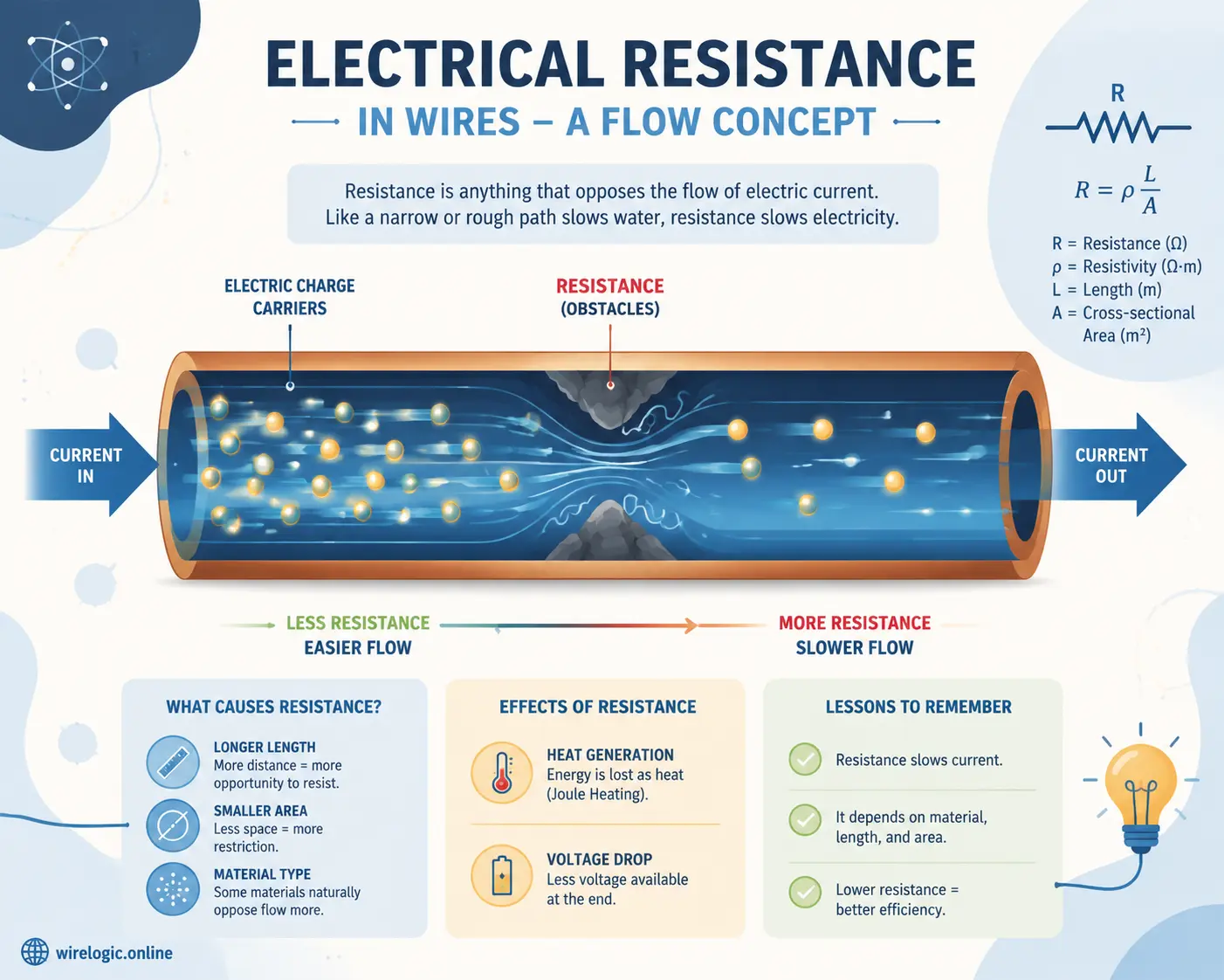 Educational illustration of electrical resistance concept in wires