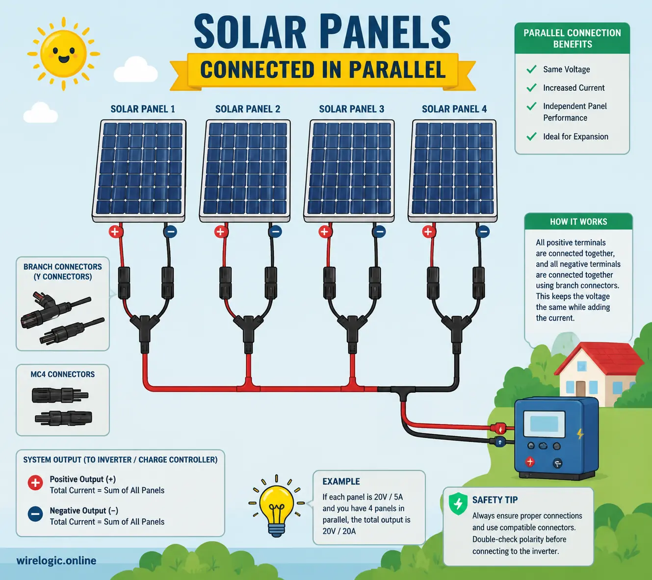 Parallel solar panels connected with branch connectors