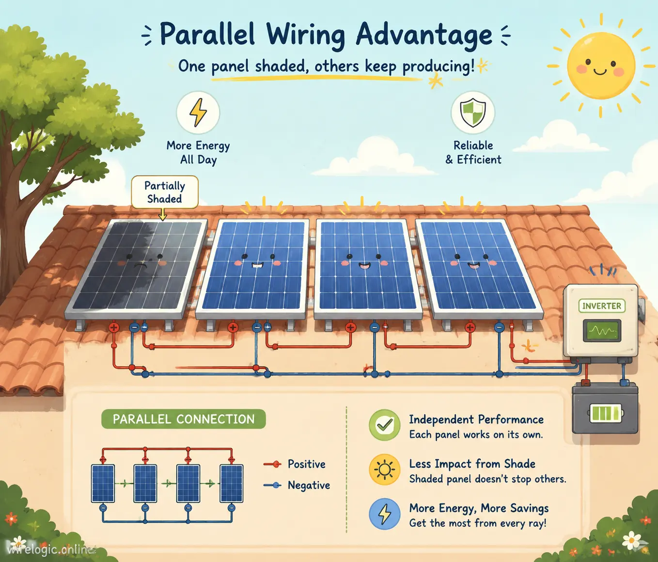 Solar panels showing parallel wiring performance under shade