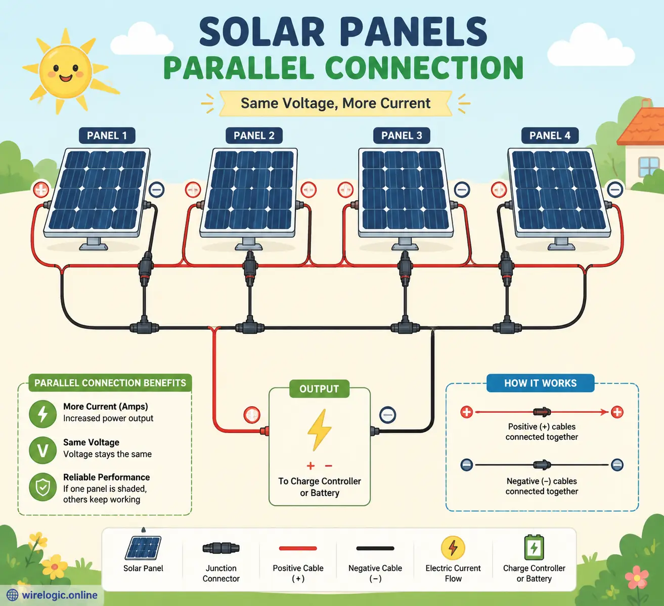 Solar panels connected in parallel with wiring components