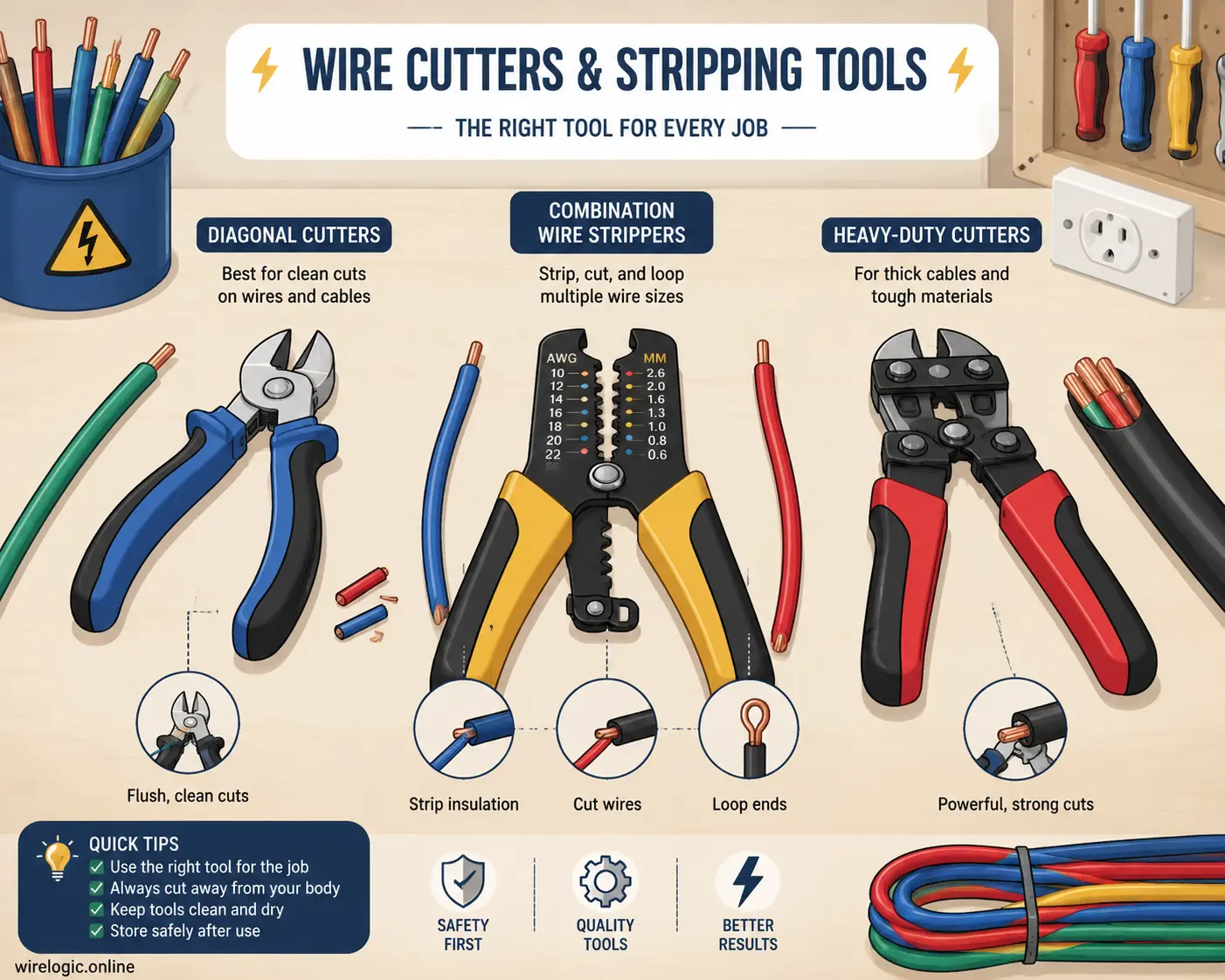 Different types of wire cutters and stripping tools arranged for electrical work