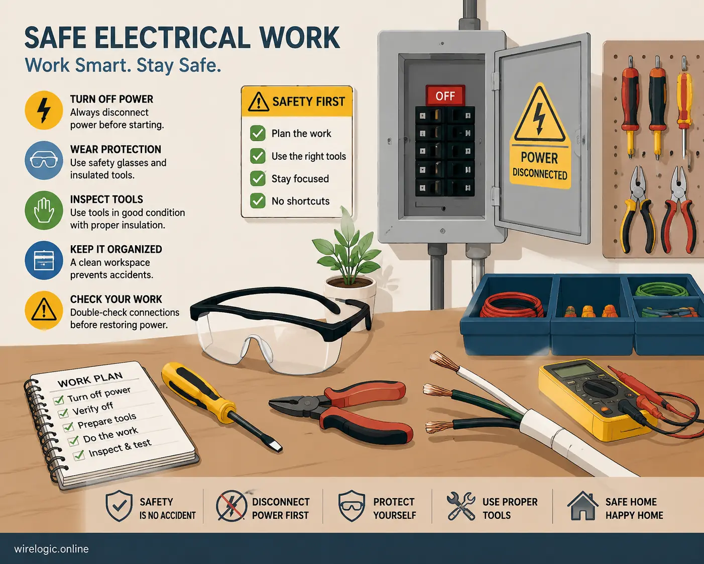 Safe electrical work setup with protective equipment and tools